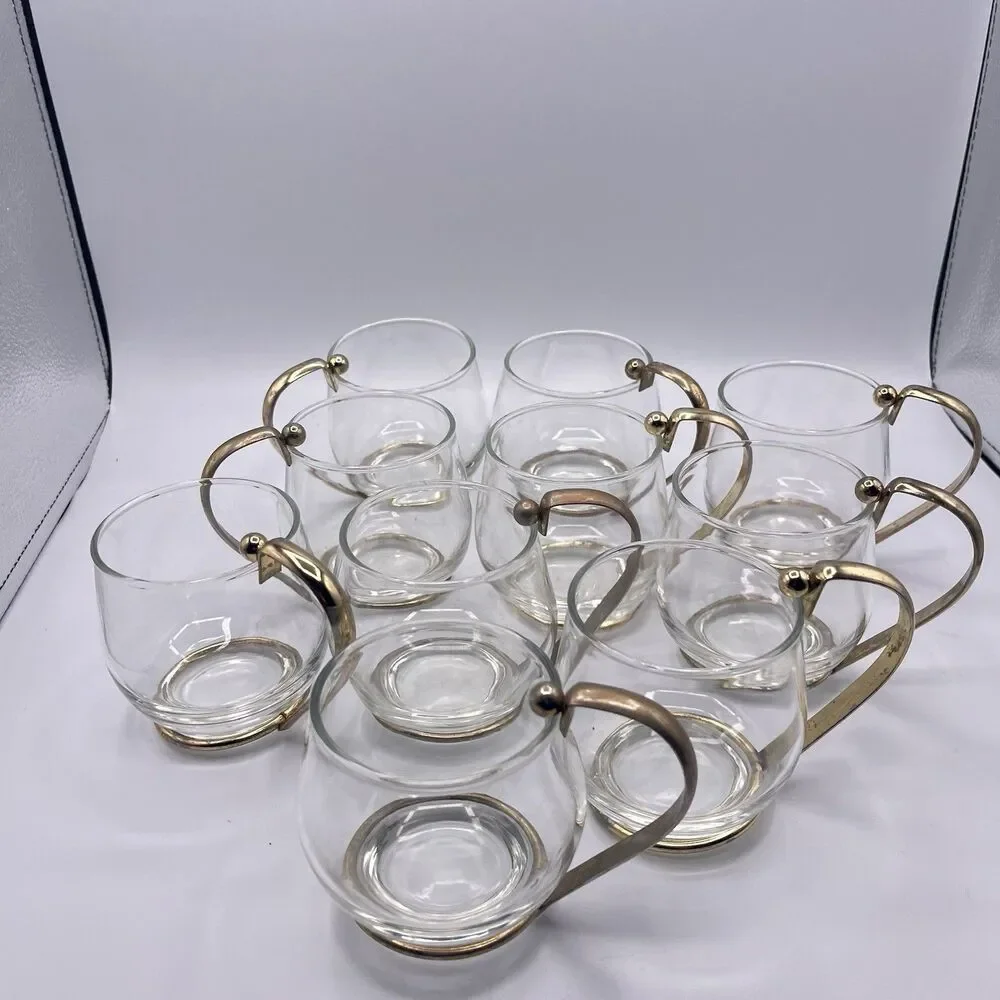 11 Vintage Brass Handled Glass Mugs Mid Century Modern Bar Ware